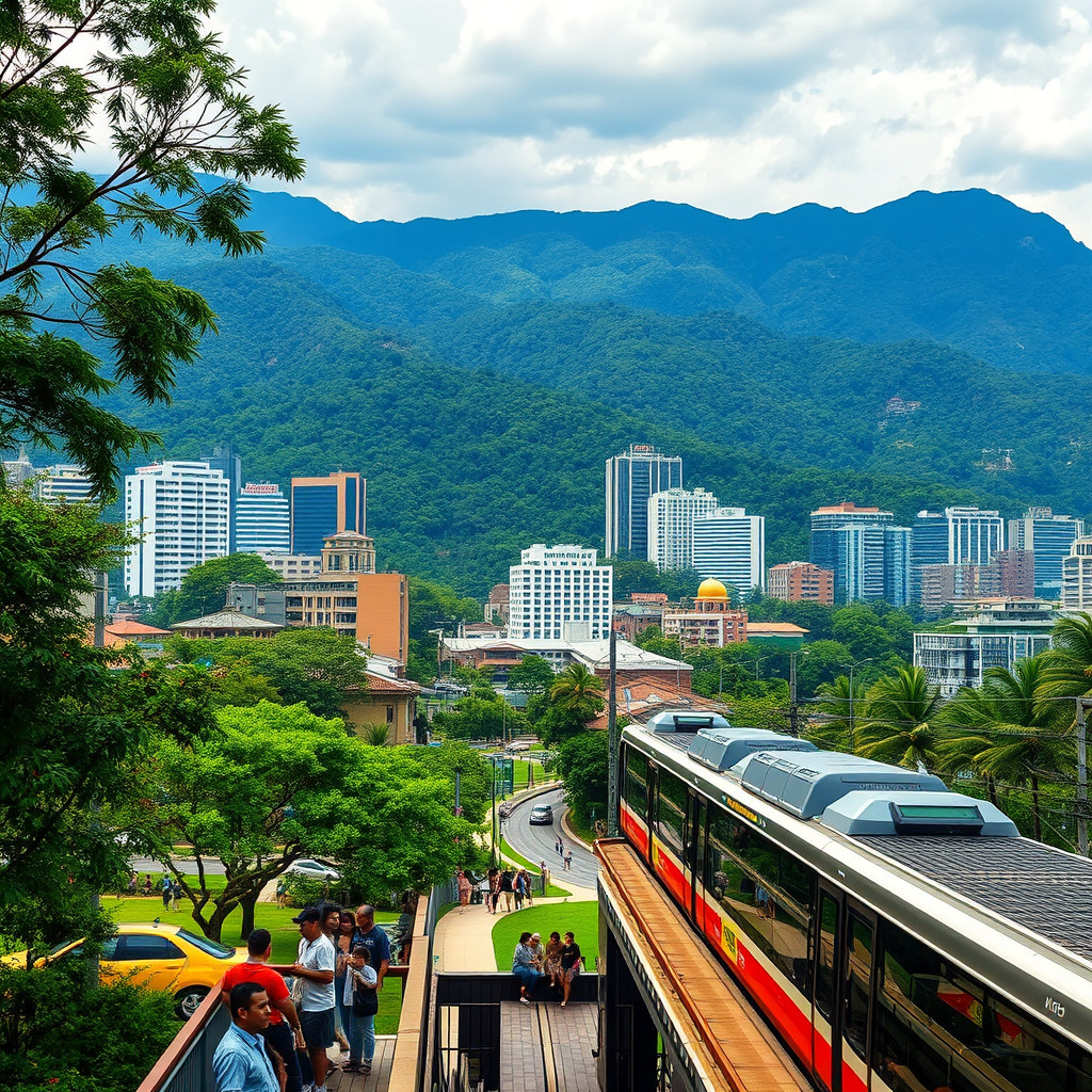 Medellín Medellín's modern skyline surrounded by green mountains with people in city parks
