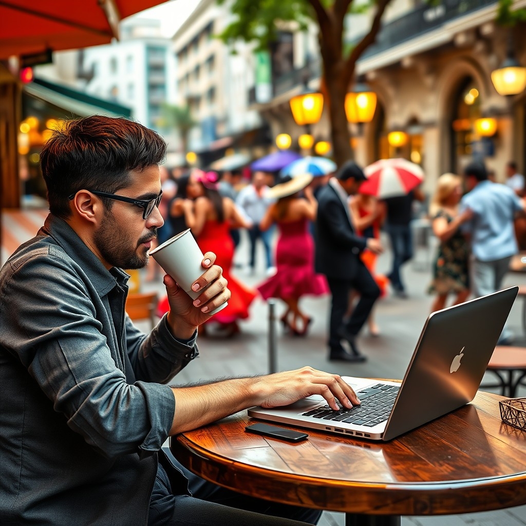 Digital nomad Digital nomad working on a laptop at a Buenos Aires café with tango dancers nearby