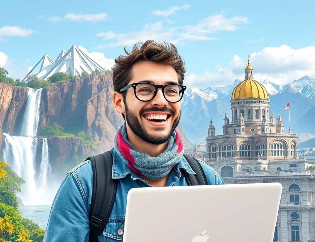 Digital nomad with Argentina's landmarks Digital nomad with laptop exploring Argentina's landmarks like Iguazu Falls and Buenos Aires