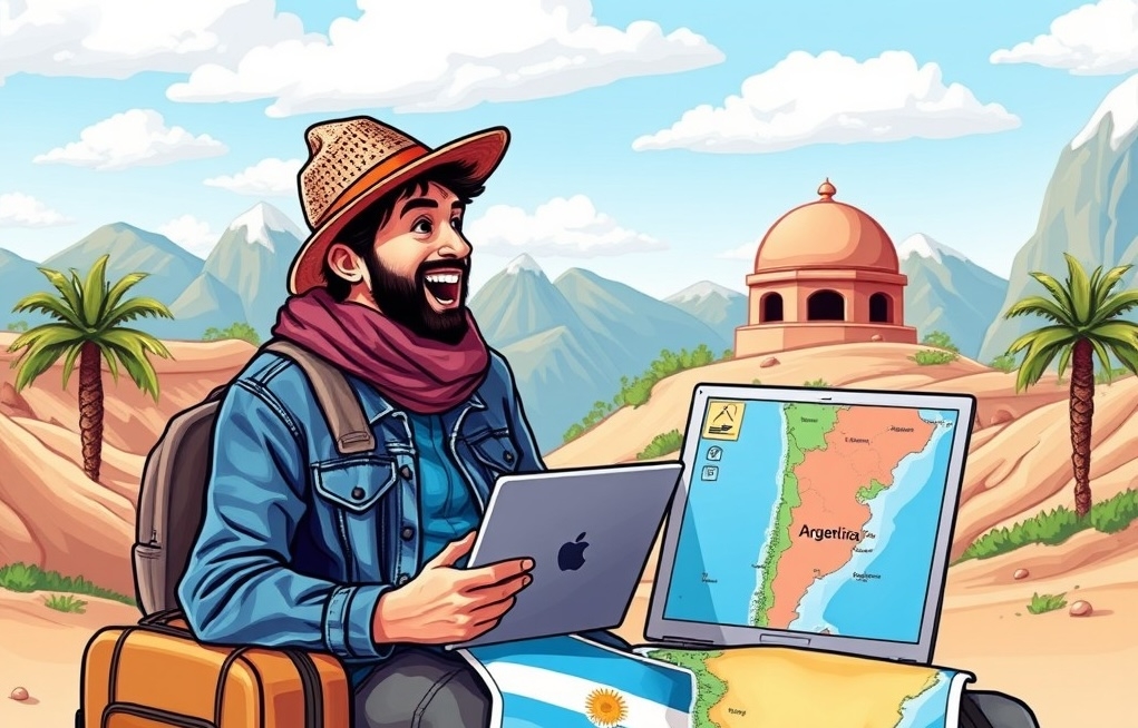 Digital nomad Digital nomad packing suitcase with laptop and Argentina map, preparing to travel