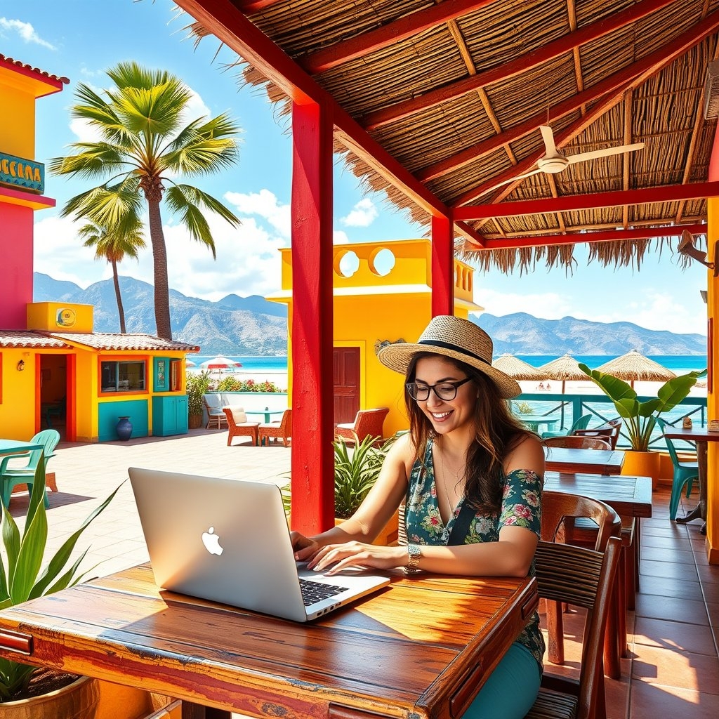 A digital nomad A digital nomad working in a beach cafe in Argentina's coastal city