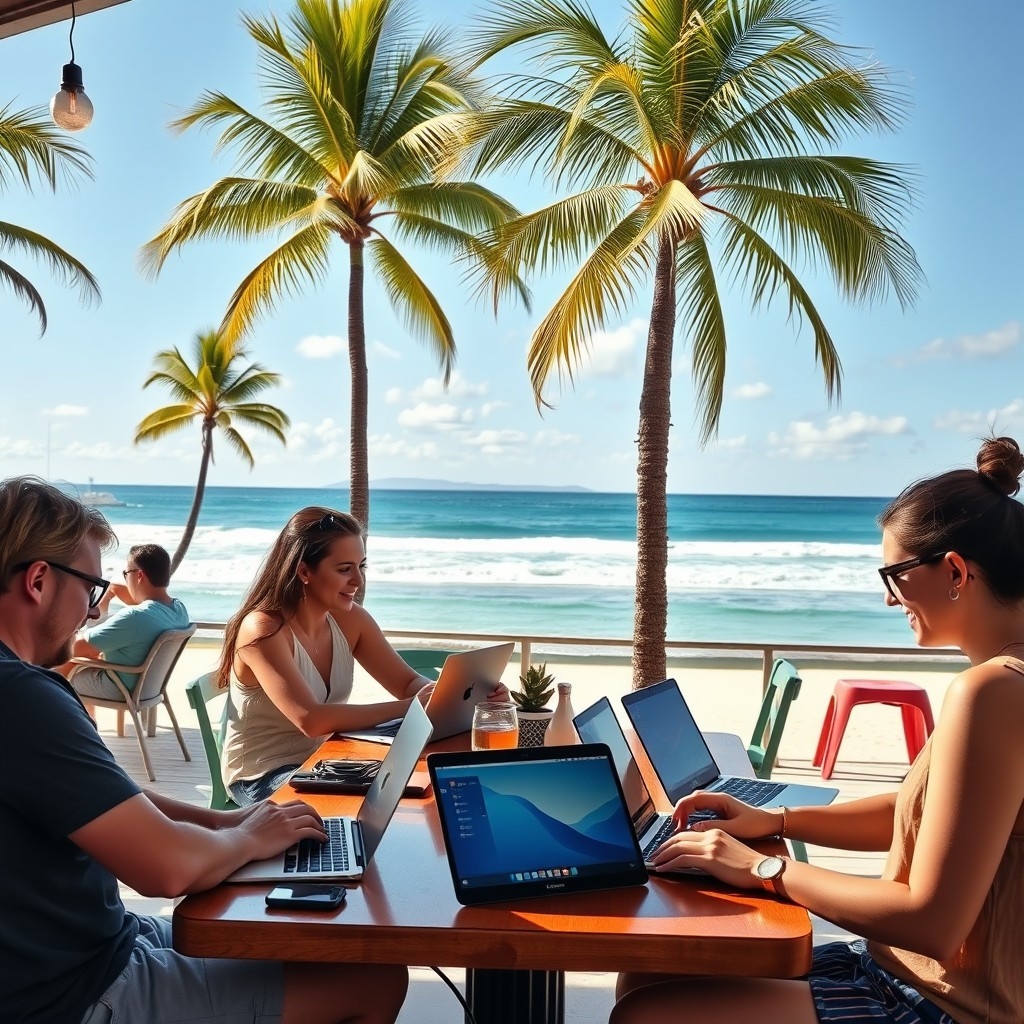 Digital nomads working at a beachside caf&eacute; in Australia with ocean views