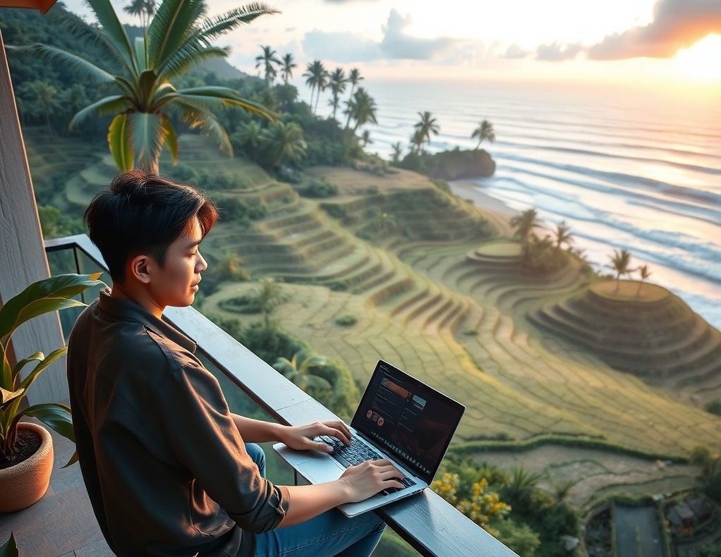 Young remote worker Young remote worker using laptop on balcony overlooking Balinese cafe at sunrise with ocean view