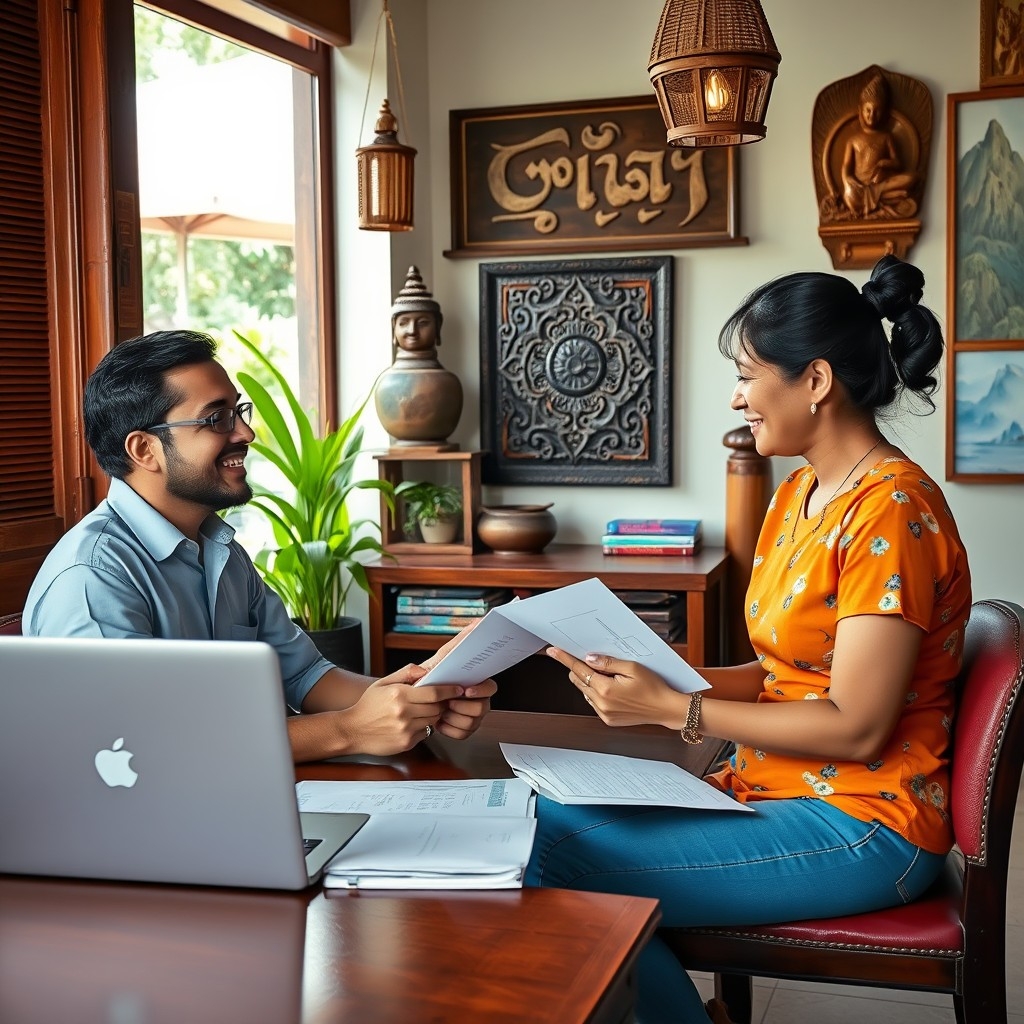Digital nomad with a visa agent Digital nomad talking with a Balinese visa agent in an office with traditional decor