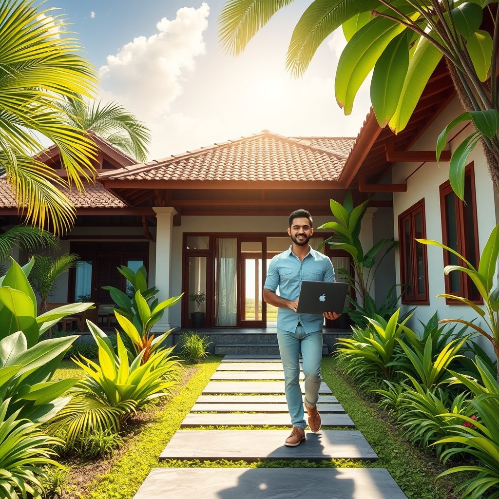 Digital nomad in a Balinese villa Digital nomad settling into a Balinese villa with traditional design and tropical garden