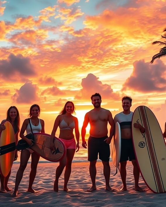 Group of nomads Group of nomads watching sunset on Balinese beach with surfboards and palm trees