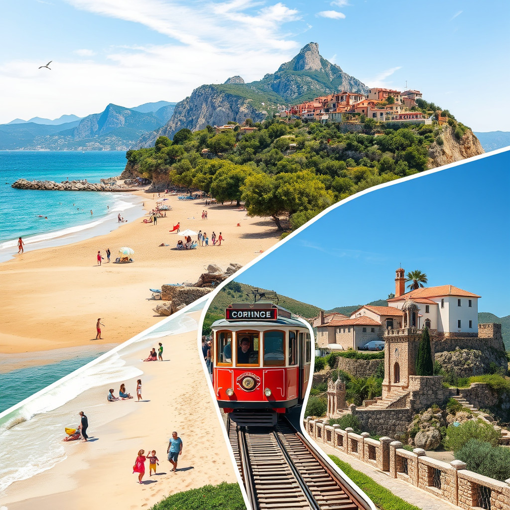 A collage of Mallorca's northern attractions A collage of Mallorca's northern attractions including Port de Pollença beach, Sóller's vintage tram through citrus groves, and Deià's hillside stone village overlooking the sea