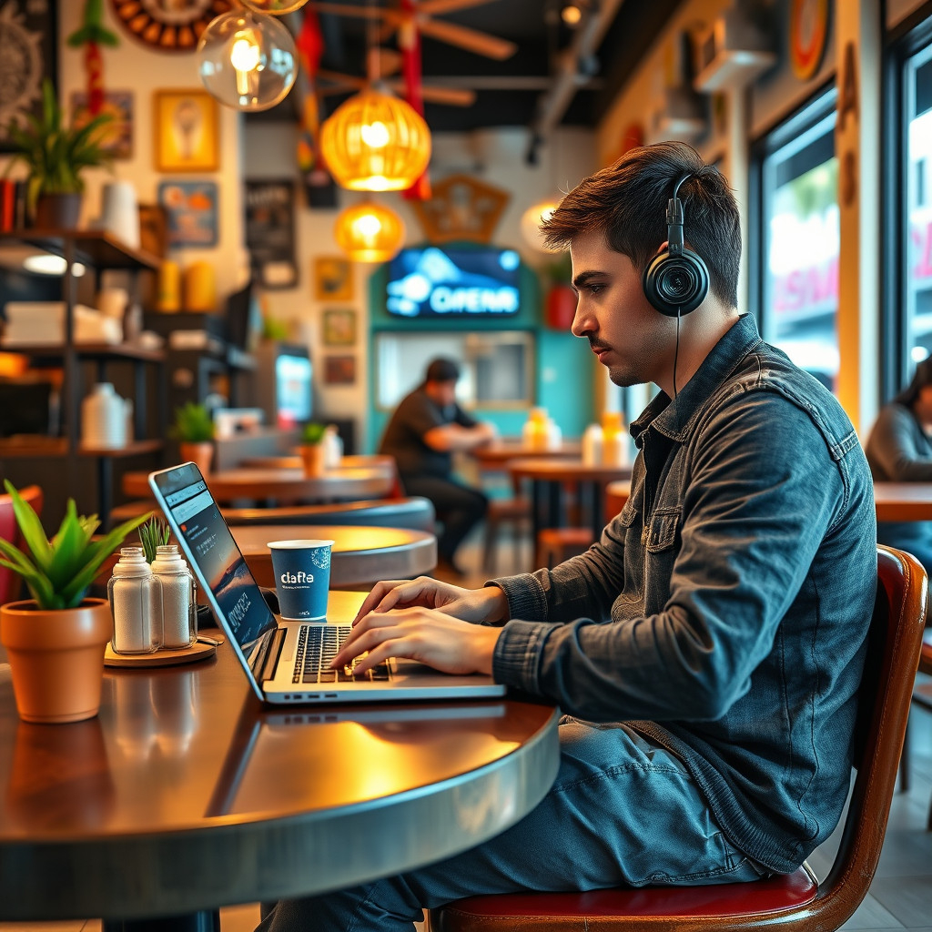 Digital nomad Digital nomad using a laptop in a colorful café in Lima, Peru, surrounded by Peruvian decor.