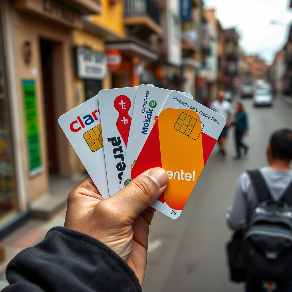 SIM cards from Claro, Movistar, Entel, and Bite Bitel in Peru Traveler holding SIM cards from Claro, Movistar, Entel, and Bitel in Peru's city street