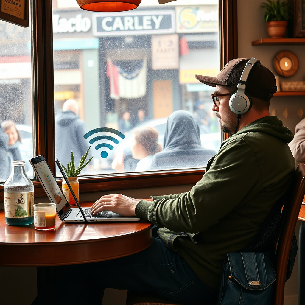 Digital nomad Digital nomad using a laptop with Wi-Fi in a Peruvian café, local decor and atmosphere