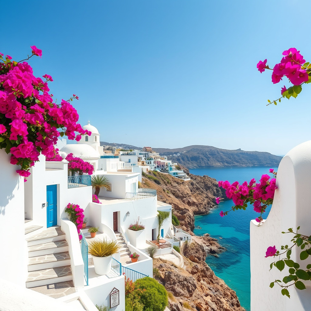 White cliffside buildings overlooking blue sea on a sunny Greek island in June