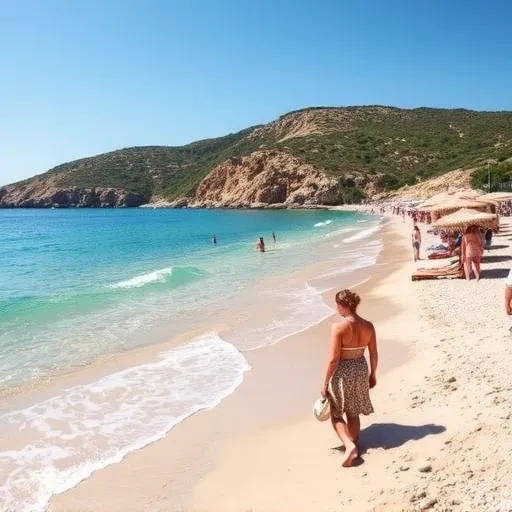 Clear turquoise water in Spain, people enjoy the beach and sun