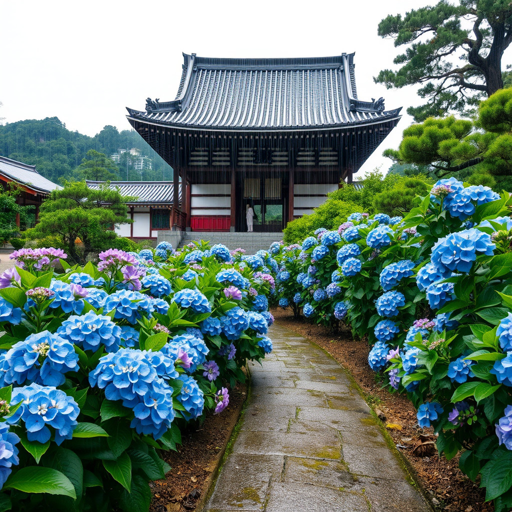 Garden paths lined with blooming hydrangeas at Meigetsu-in Temple in Japan during June