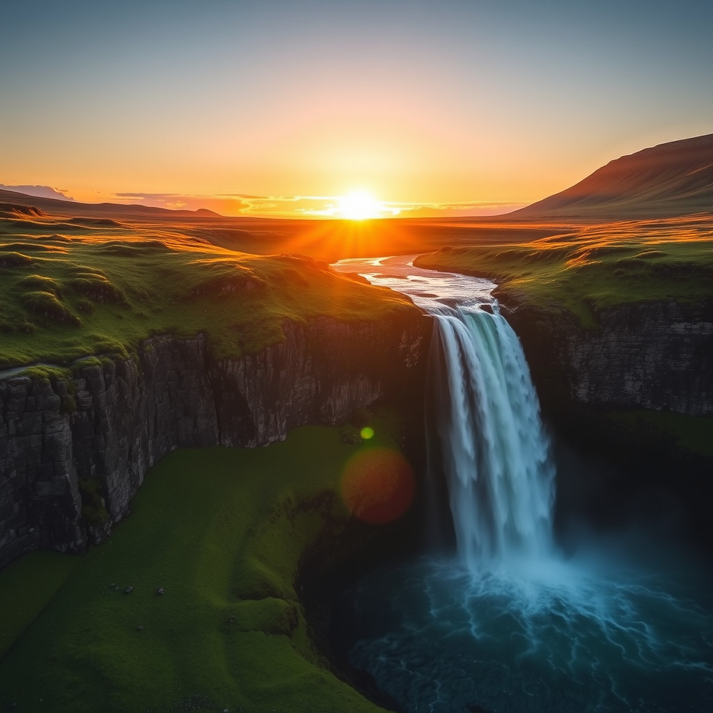 Waterfall in Iceland under the Midnight Sun during June with warm golden light