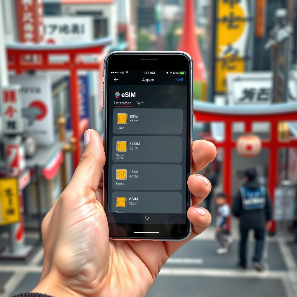 Choosing eSIM options Choosing eSIM options on smartphone with Japanese landmarks in background