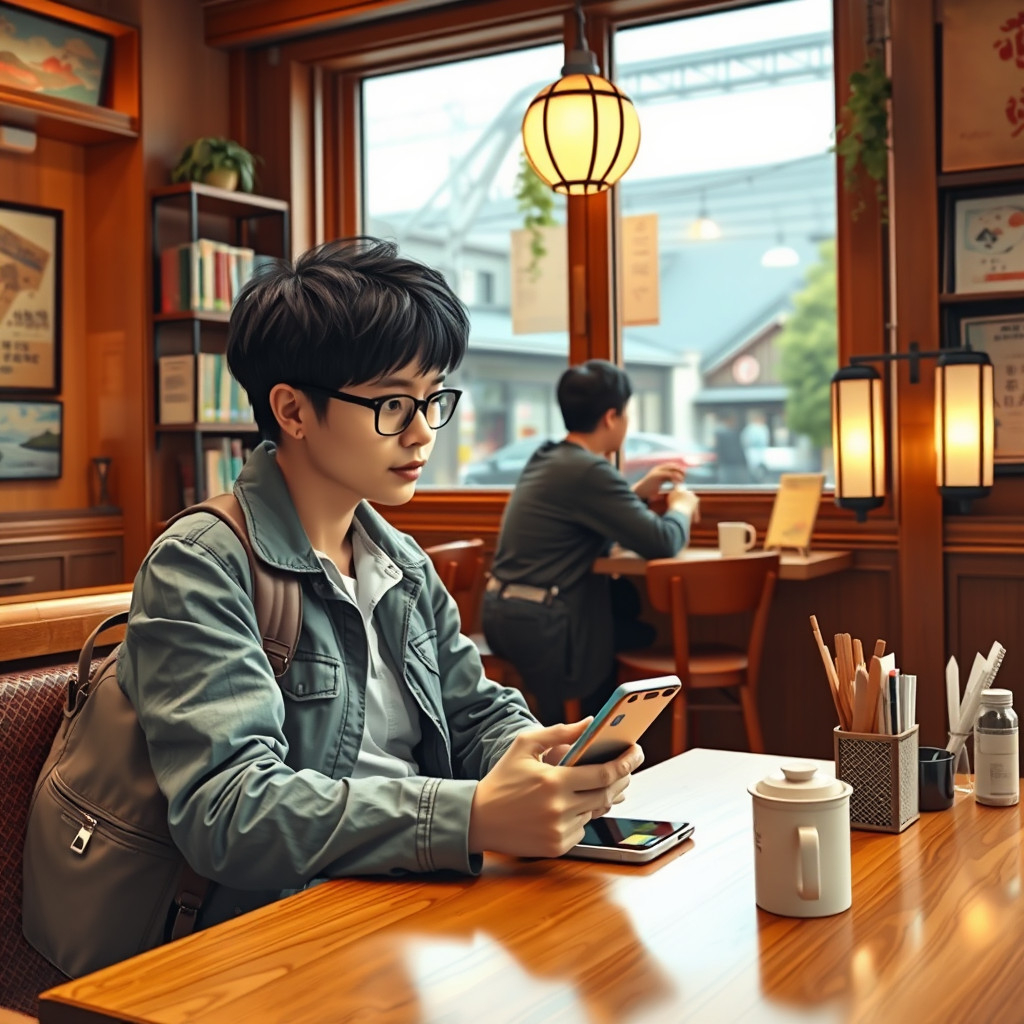 Traveler in Japanese café Traveler in Japanese café configuring eSIM on smartphone before journey