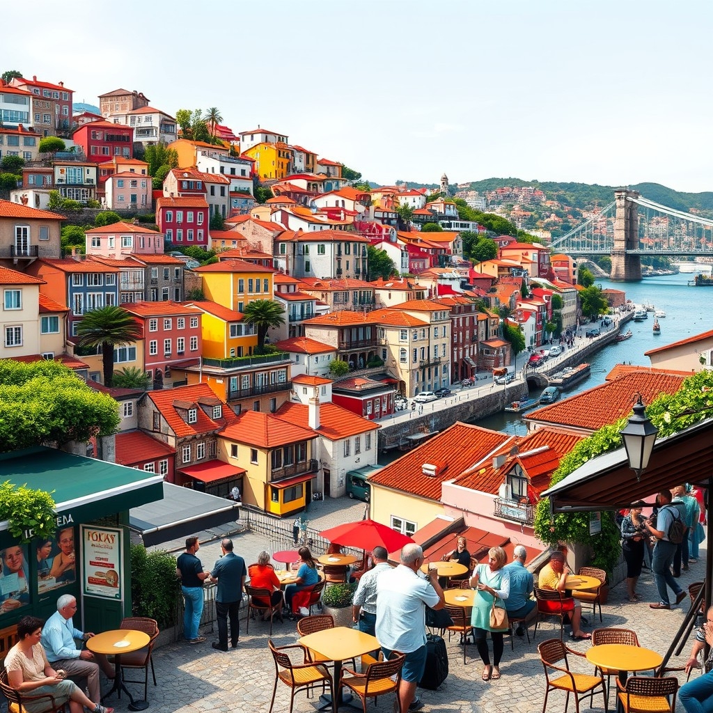 Colorful houses of Ribeira Colorful houses of Ribeira along Douro River in Porto with Dom Luís I Bridge in background