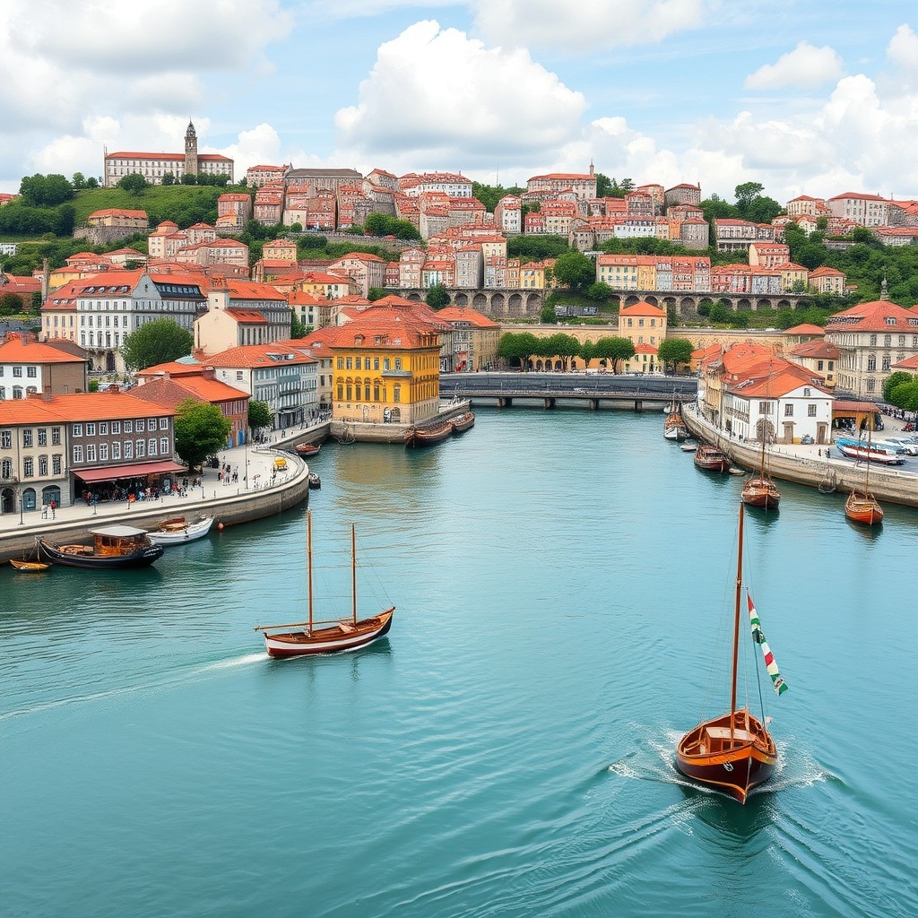 View of Porto's historic center View of Porto's historic center across Douro River from Vila Nova de Gaia, with rabelo boats and wine cellars