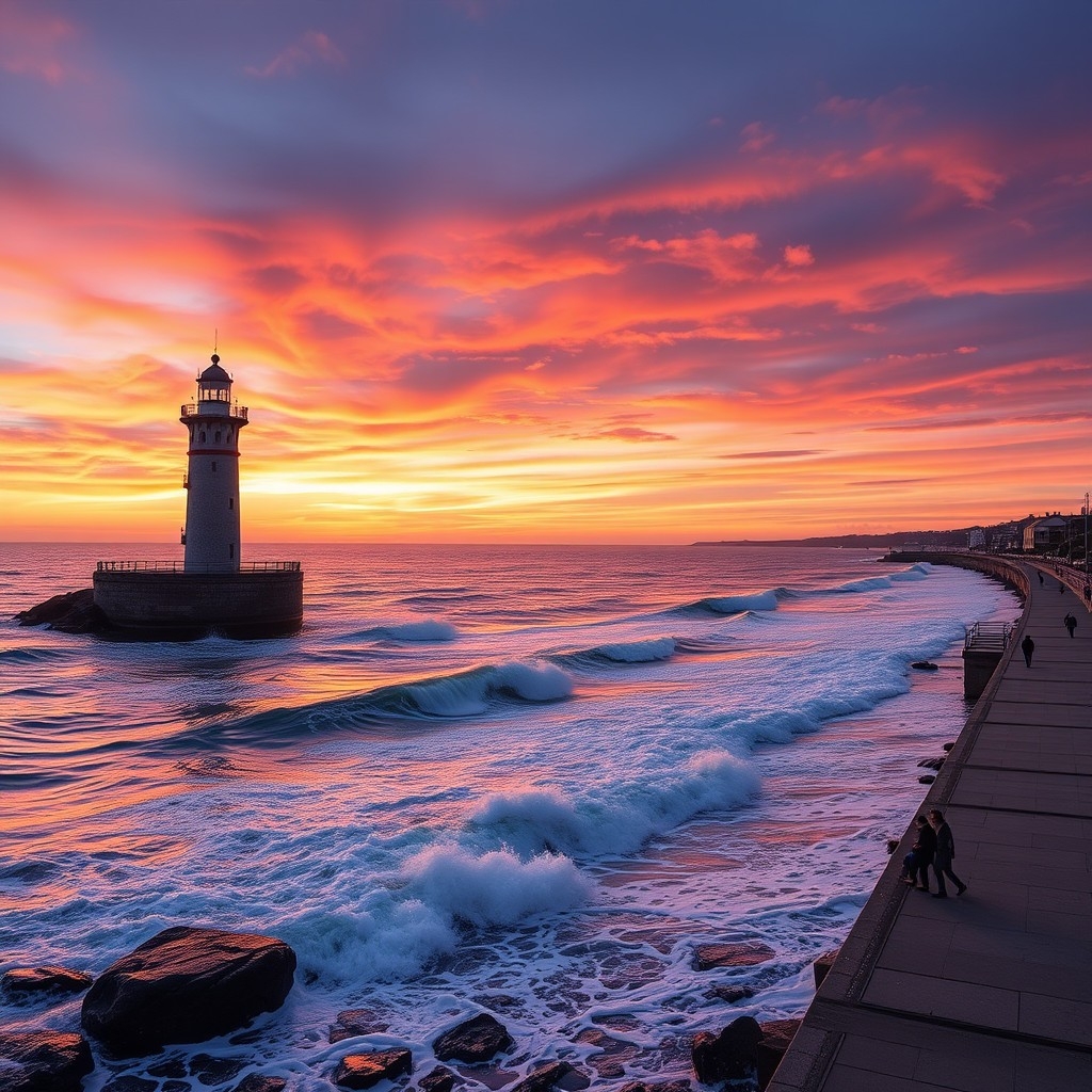 Felgueiras Lighthouse Sunset over Felgueiras Lighthouse at Foz do Douro with waves crashing and people walking along the oceanfront promenade
