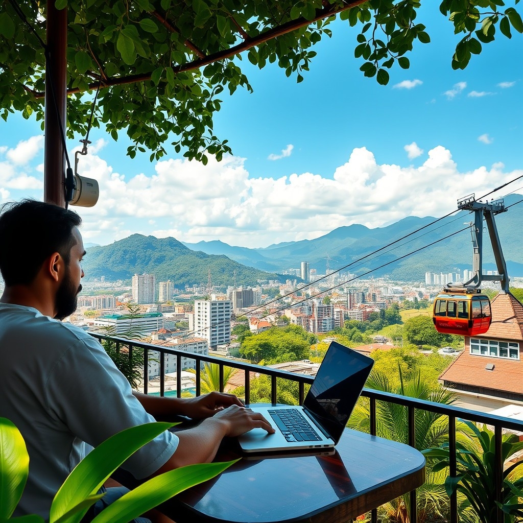 Digital nomad in Medellín Digital nomad working at a café in Medellín with mountain views and Metrocable in background