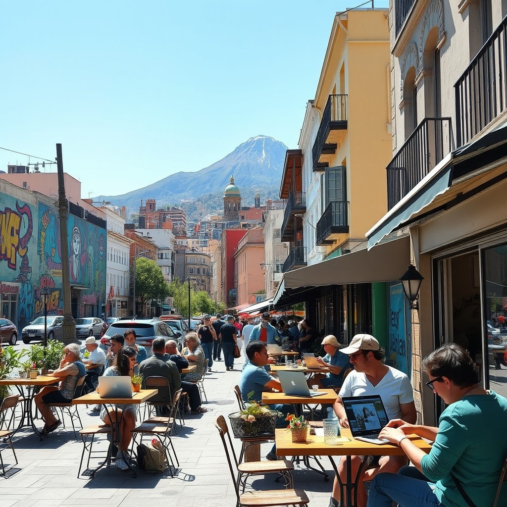 People at cafes in Santiago People at cafes in Santiago's Bellavista neighborhood with street art and Cerro San Cristóbal