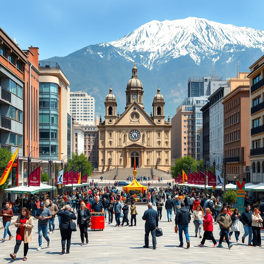 Santiago's Plaza de Armas People enjoying Santiago's Plaza de Armas with cathedral and Andes Mountains behind