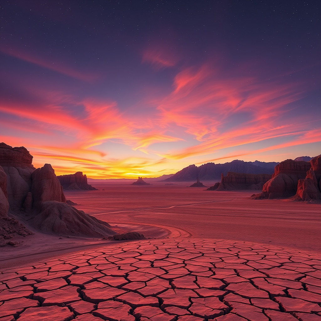 Atacama Desert Sunset over Atacama Desert's Moon Valley with pink skies and rock formations