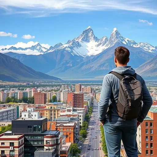 Patagonia A traveler stands overlooking the majestic Torres del Paine mountains in Patagonia