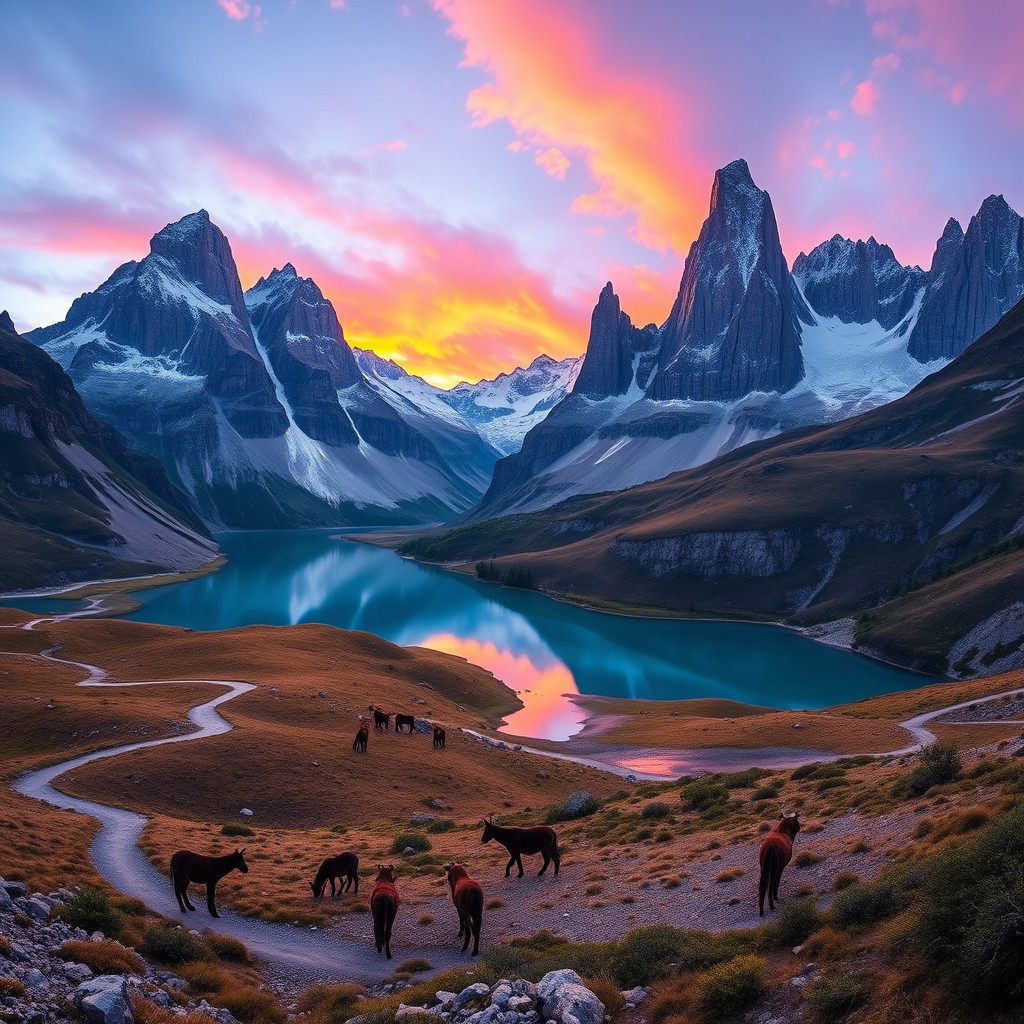 Torres del Paine's granite towers Torres del Paine's granite towers reflected in blue lake during sunrise in Patagonia