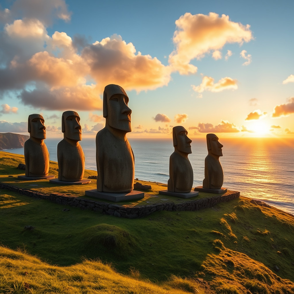Moai statues Mysterious moai statues on Easter Island hillside with ocean and sunrise in background