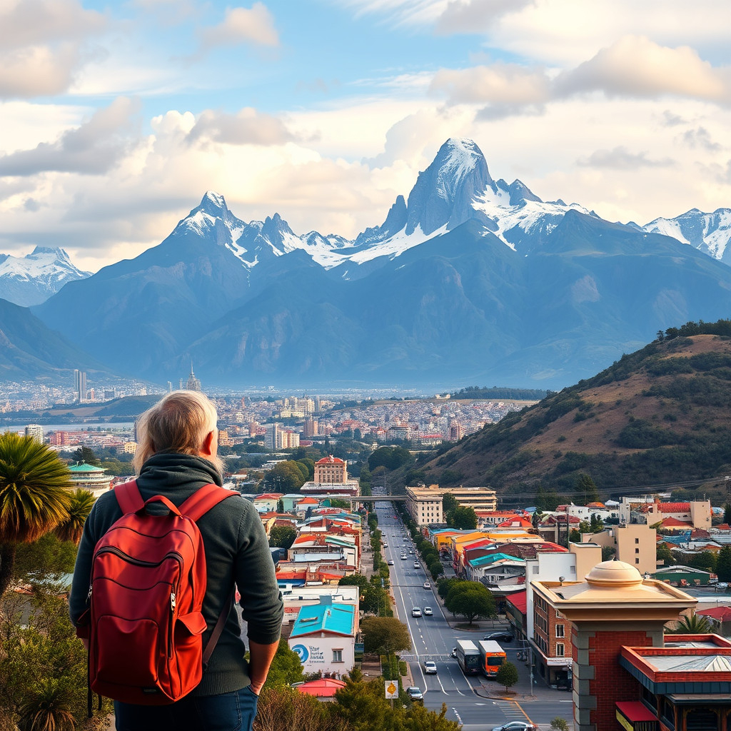 Traveler in Patagonia Traveler gazing over Patagonia's Torres del Paine with Santiago's lively cityscape below