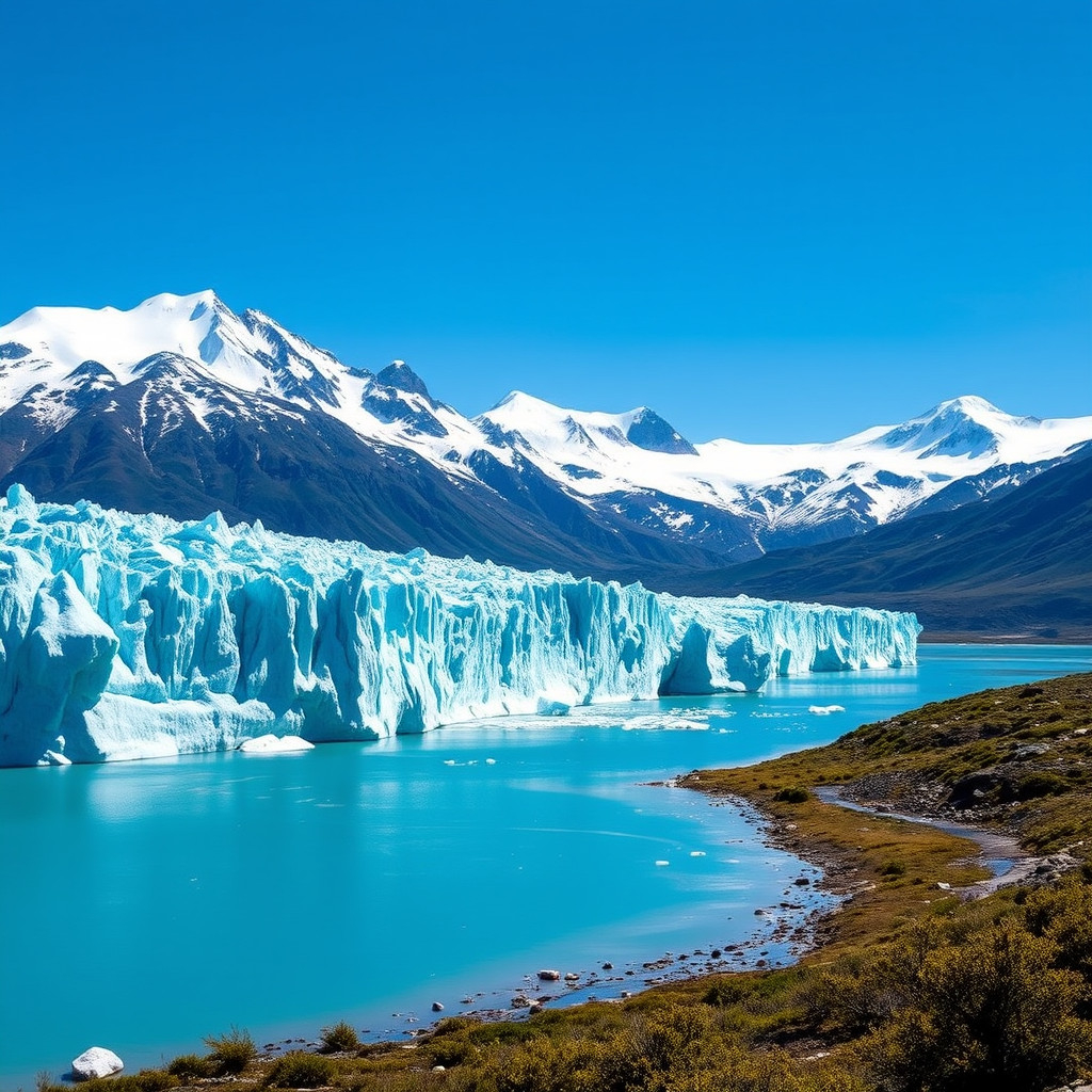 Perito Moreno Glacier in Patagonia Perito Moreno Glacier in Patagonia with towering ice formations and mountains under a clear sky