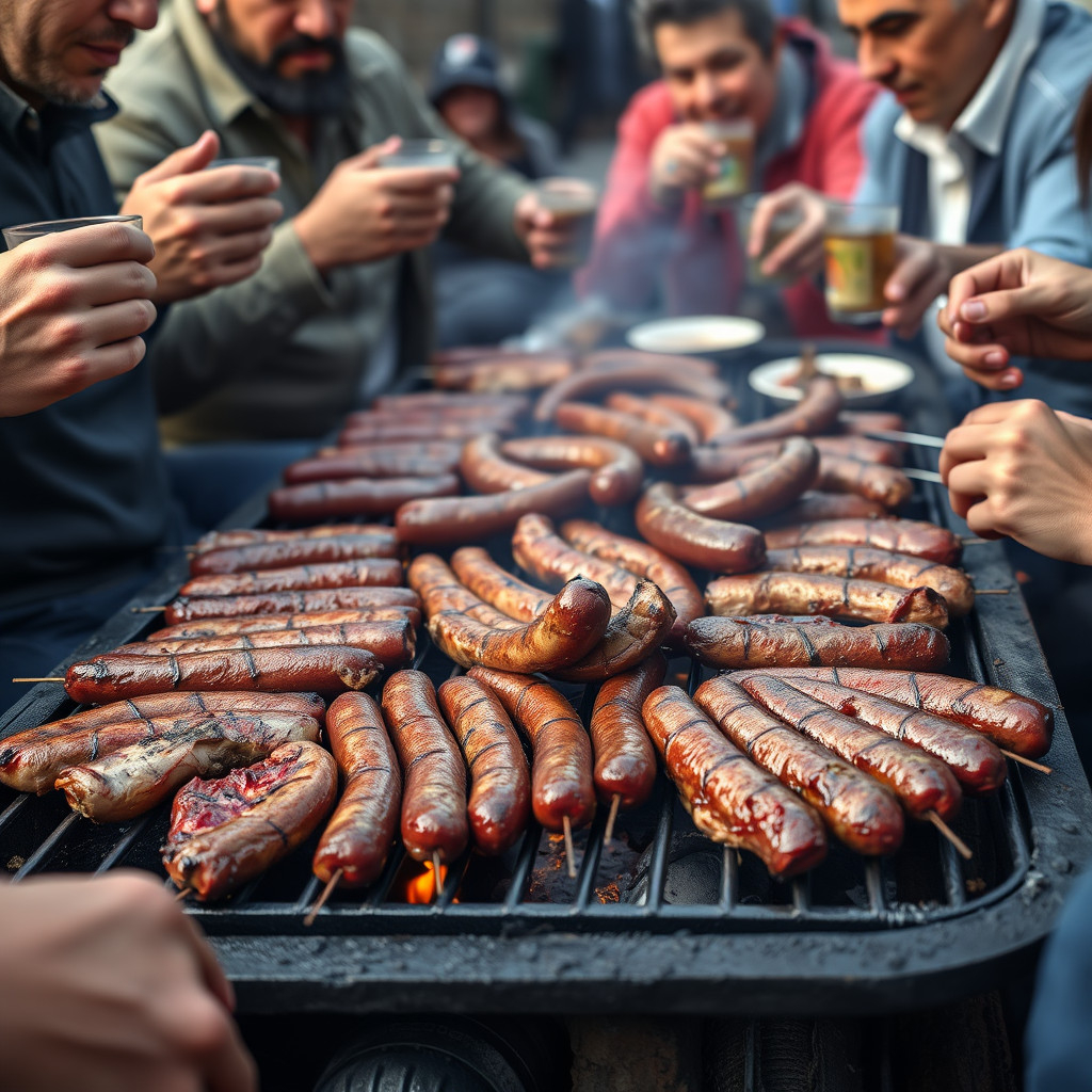 Argentine asado Argentine asado with grilled meats on a barbecue and people drinking mate in a social gathering
