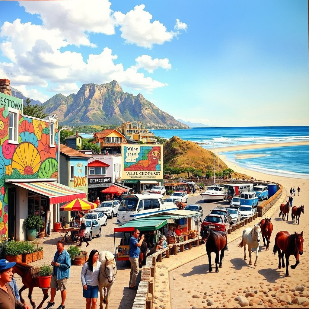 Noordhoek Noordhoek that is known for its long, clear beach and horse-friendly lifestyle. Horses are on the beach, people are enjoying