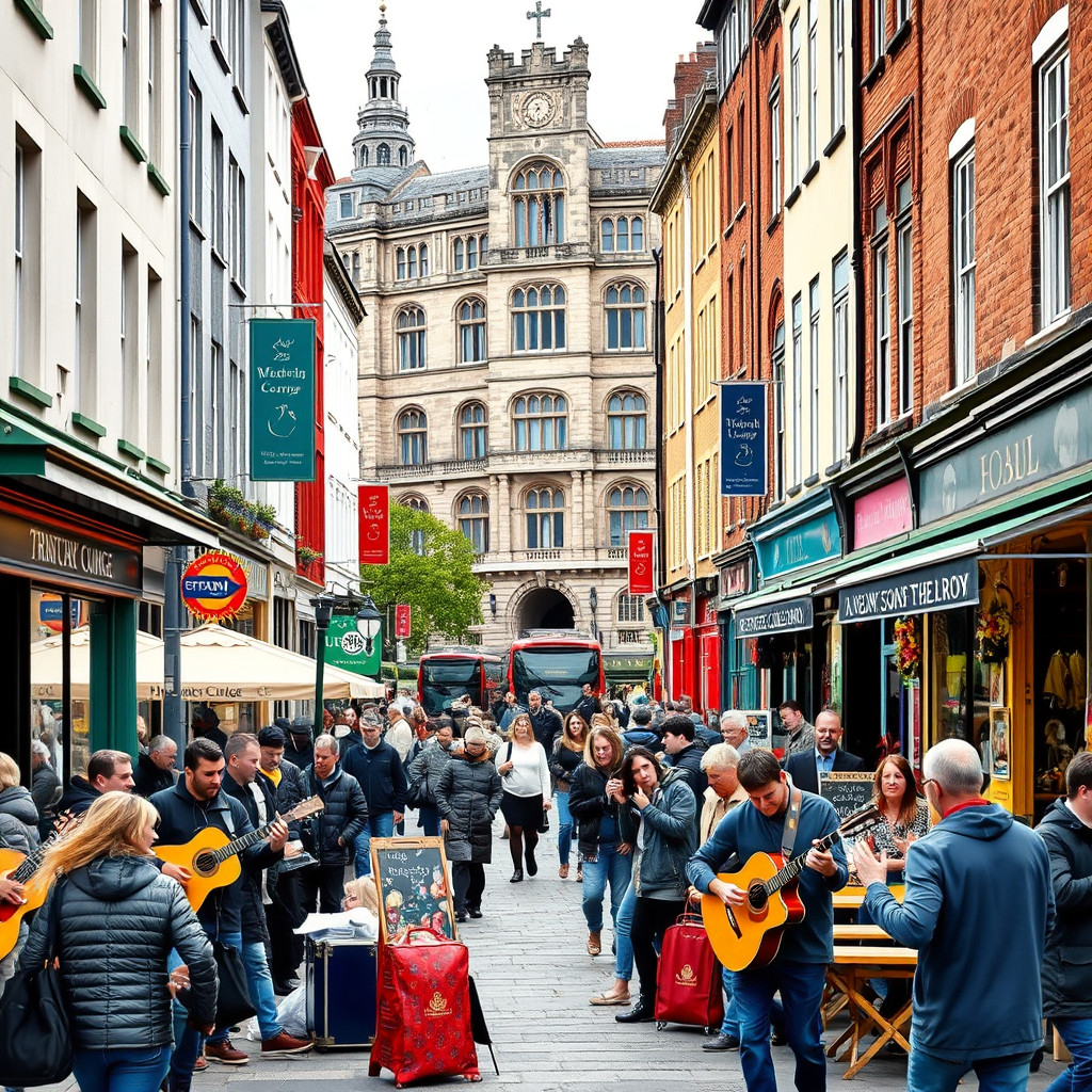 Grafton Street in Dublin Busy Grafton Street in Dublin with street musicians and lively markets displaying Irish crafts