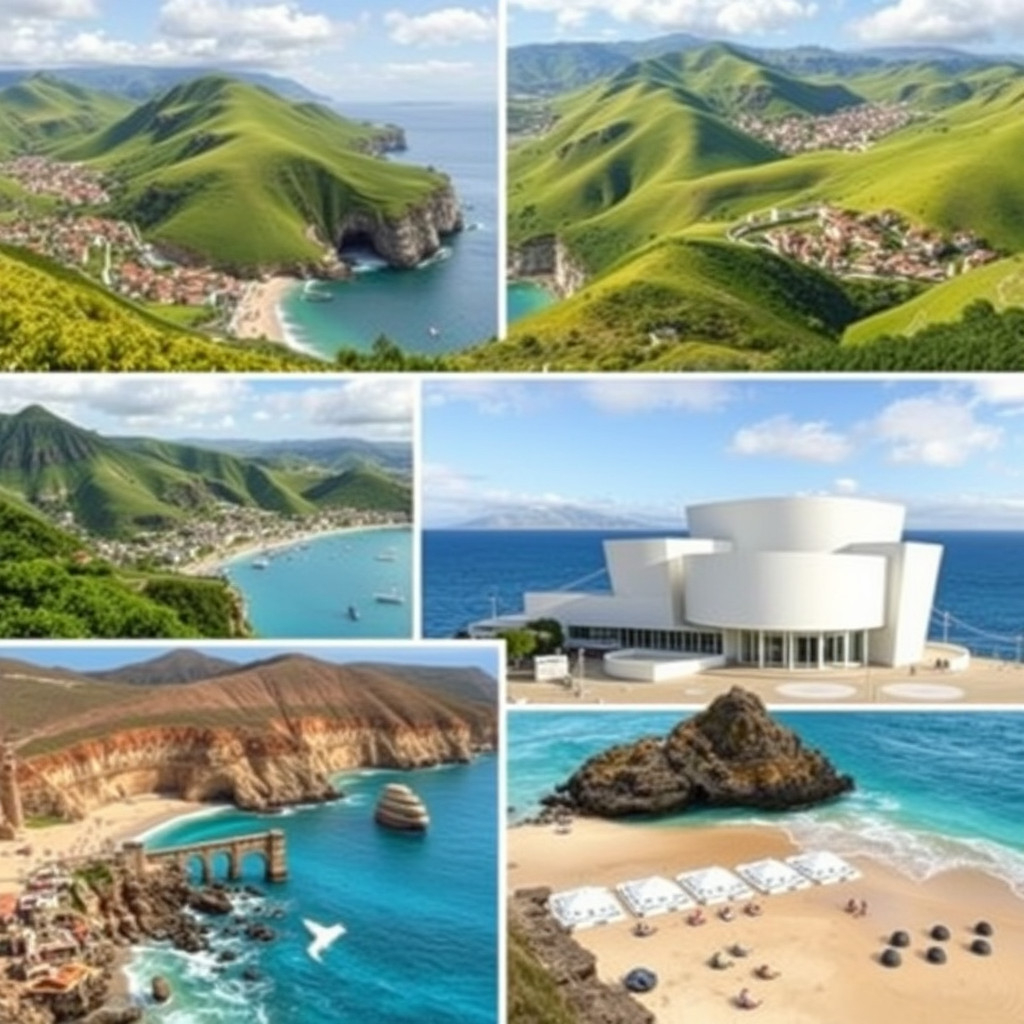 Canary Islands Collage of northern Spain's landscapes and Canary Islands beaches, blending green hills and tropical shores
