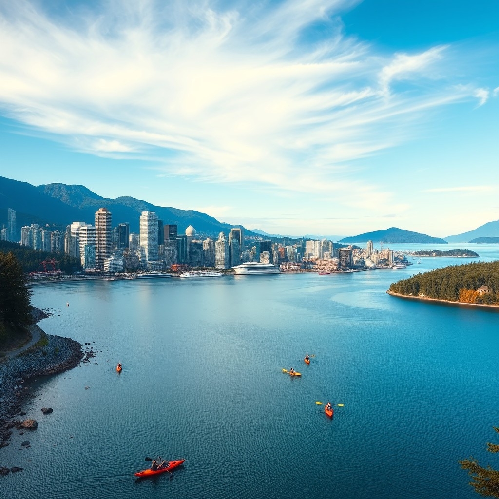 Vancouver Vancouver skyline set between ocean and mountains with people enjoying outdoor activities