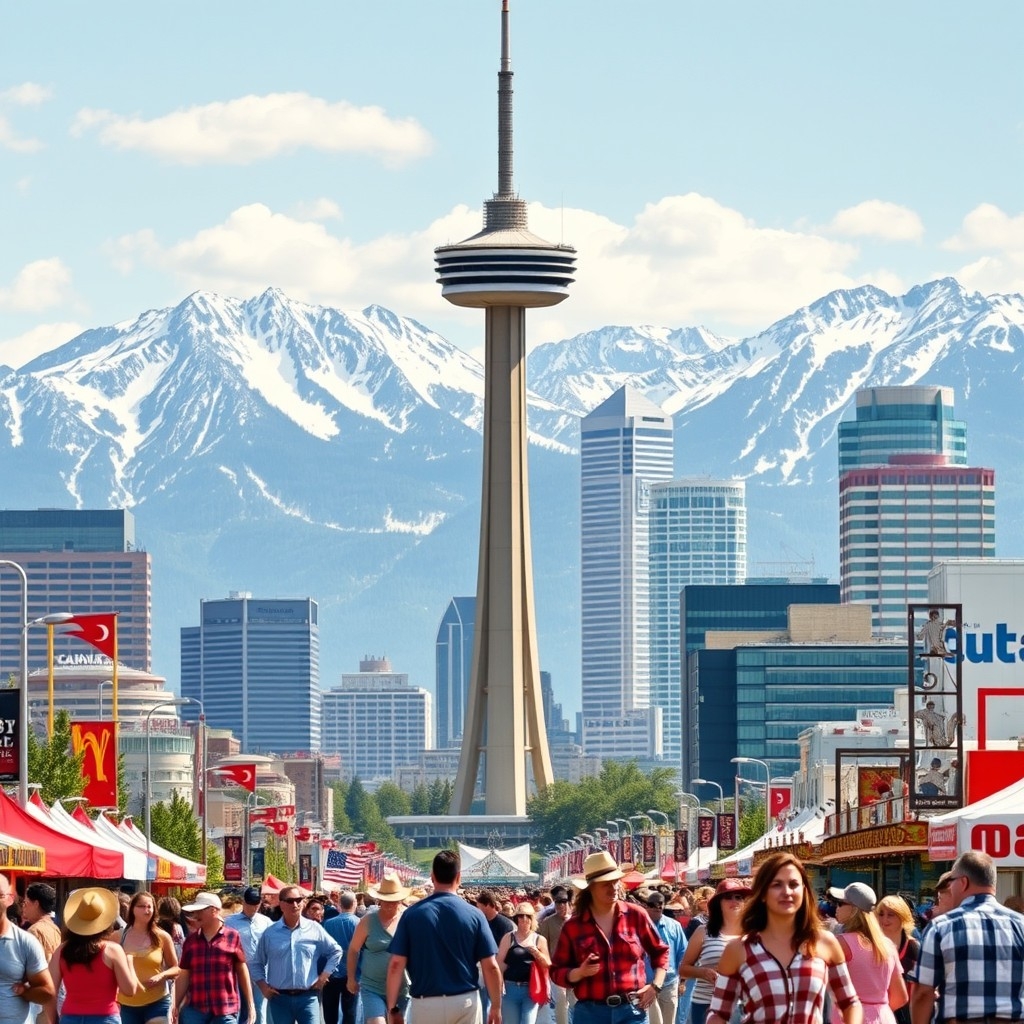 Calgary Calgary skyline with Rocky Mountains behind and people celebrating at a western-themed festival