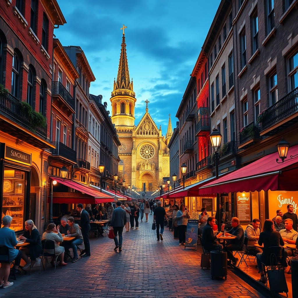 Old Montreal's cobblestone streets Old Montreal's cobblestone streets with view of Notre-Dame Basilica and people enjoying the evening
