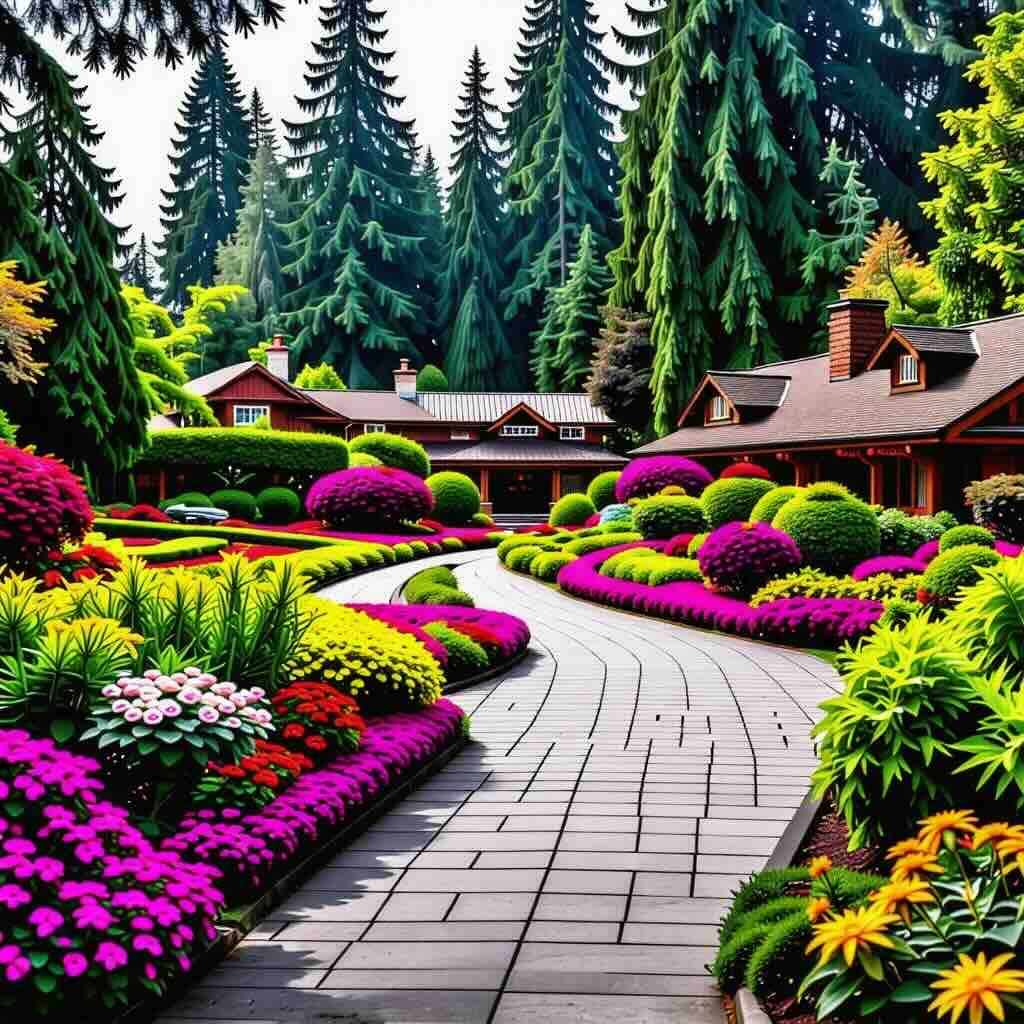 A stunning garden in Victoria An illustration of a stunning garden in Victoria, Canada, filled with colorful flowers and trees, reminiscent of Butchart Gardens.