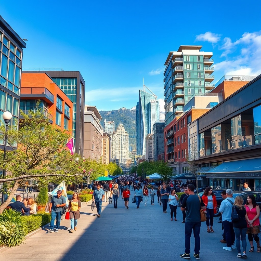 A Canadian city People enjoying outdoor activities in a vibrant Canadian city with modern architecture and natural landscapes