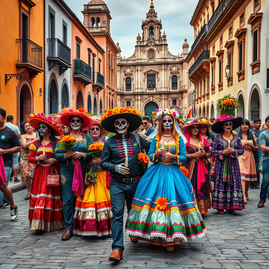Day of the Dead Colorful Day of the Dead parade with people in traditional costumes on Oaxaca's cobblestone streets
