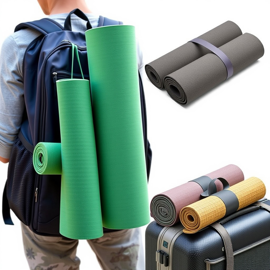 Travel yoga mats Various foldable, eco-friendly travel yoga mats showing portability and sustainable materials