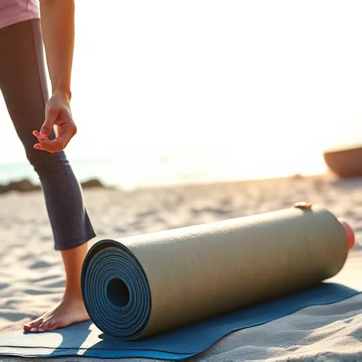 A traveler A traveler unrolling a yoga mat in a beautiful beach, preparing to practice yoga.