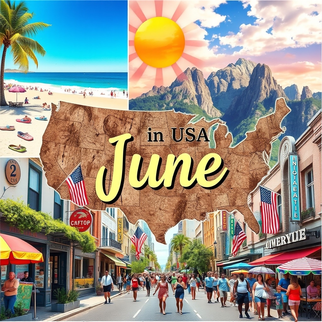 June in U.S. A vivid collage of sunny U.S. beaches, lush national parks, and lively city streets in June, showcasing top travel destinations