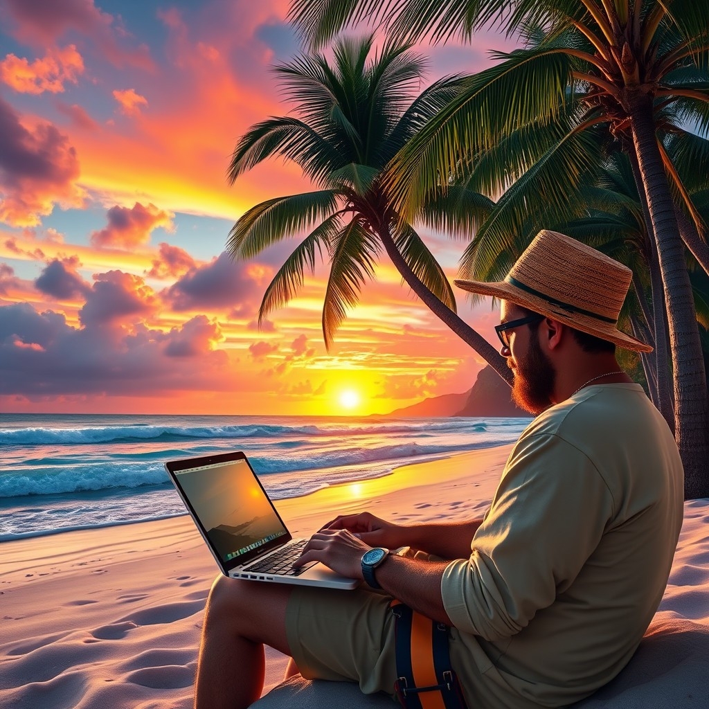 A digital nomad Digital nomad using a laptop on a Brazilian beach at sunset, palm trees and ocean in background
