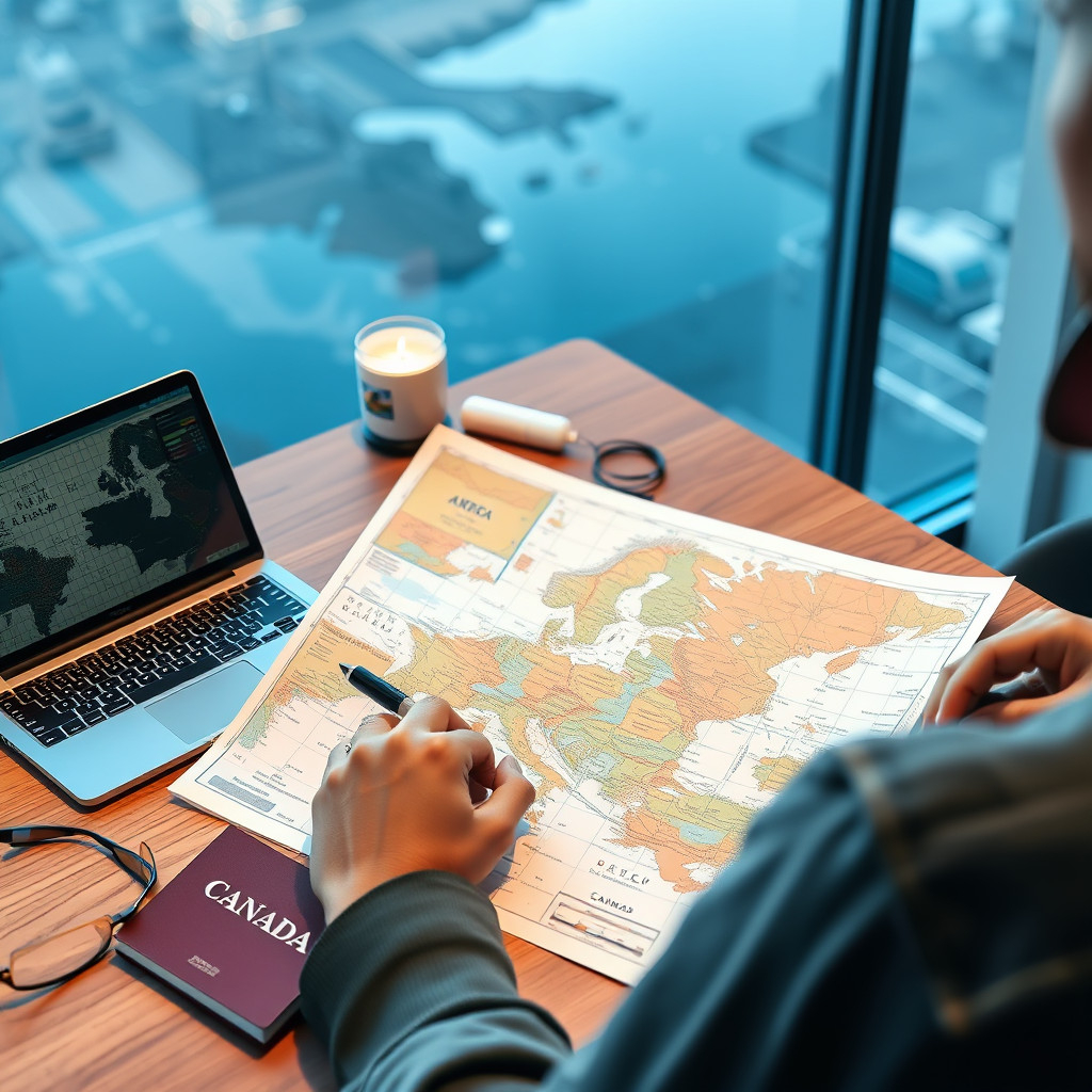 Remote worker Remote worker organizing documents and planning a trip to Canada with maps and laptop