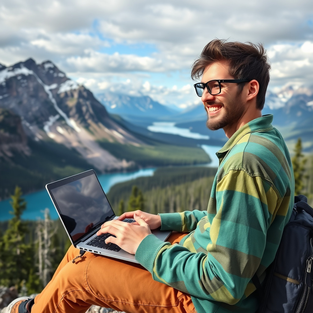 Digital nomad in Canada Digital nomad working on laptop overlooking Canadian mountains and lakes