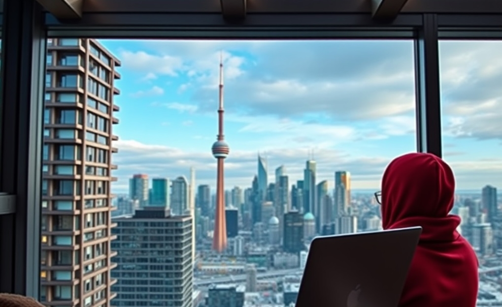 Digital nomad in Toronto Digital nomad working on a laptop overlooking Toronto skyline, showing remote work in Canada.