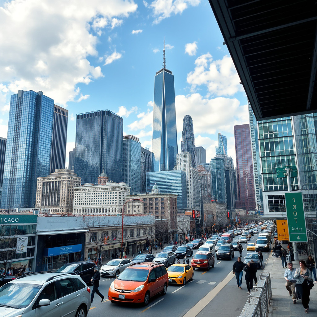Chicago cityscape Chicago cityscape with skyline along Lake Michigan featuring Willis Tower and bustling streets